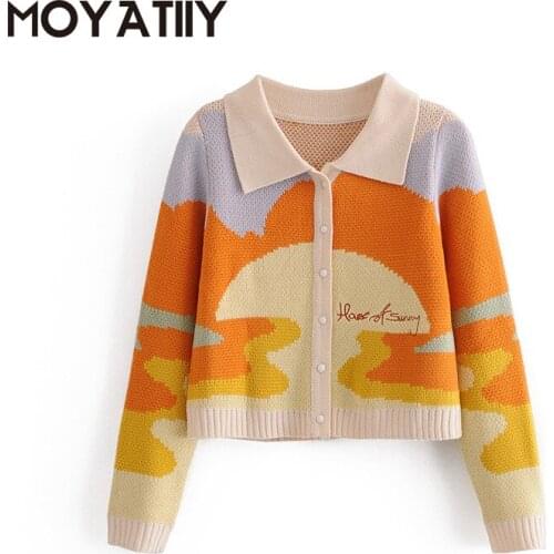 MOYATIIY Fashion Women Cardigan Sweaters Spring Autumn Natural Sunset Oil Painting Cardigan Coats Outwear Female Short Tops