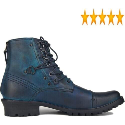 Men Genuine Leather Motorcycle Winter Ankle Boots Lace Up Office Party Block Heels Punk Safety Shoes Big Size Blue