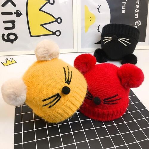 New winter children hat boy female fashion baby double ball wool hat cats baby knitting warm hedge cap Suitable for 6M-24M BABY