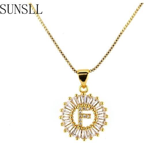 SUNSLL Handmade Fashion White Cubic Zirconia Round Shape Gold Letter Tiny Simple Style Pendant Necklace Jewelry for Women Gift