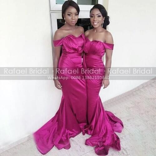Stunning Mermaid Fuchsia Bridesmaid Dresses 2021 Pleat Off Shoulder Long Train Hot Pink Formal Dress Bridal Party For Women
