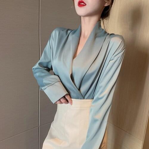 Bright Satin Real Silk Chiffon Shirt Women Shawl Collar Designer Blouse Soft Relaxed Luxury Wrap Camisa Stylish Trendy Feminine