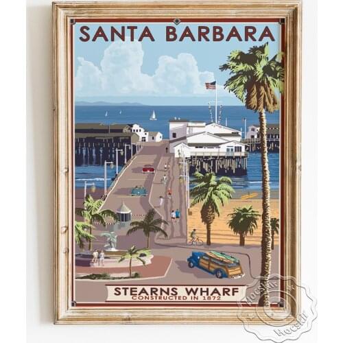 California Travel Scenic Spot Advertising Poster, Santa Barbara Landscape Publicity Illustration, Sterns Wharf Art Prints Decor