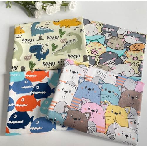 Shark and Cat Cotton Fabric 100% Cotton Twill Print for Sewing Home Textile Child Dress Making Woven Soft Fabric