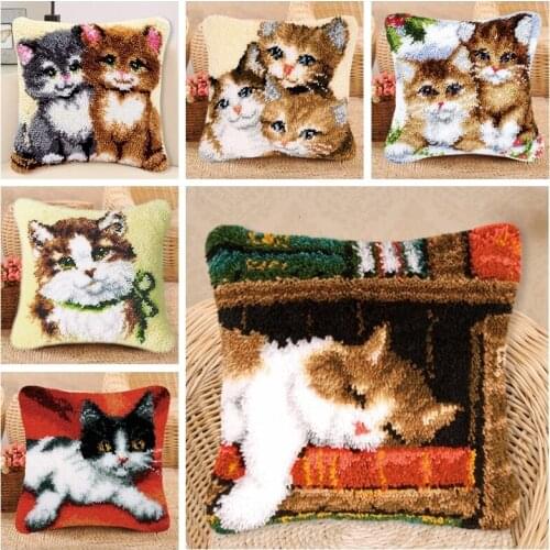 Smyrna Cute Cat Kussen Kleed La Casa De Latch Hook Embroidery Carpet Latch Hook Kits Rug Canvas Pillowcase DIY Cushion Foamiran