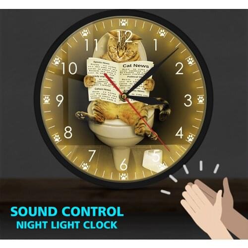 Funny Kitten Cat Watch Newspaper on Toilet Metal Frame LED Wall Clock Bathroom Wall Art Decorative Wall Watch Sound Activated