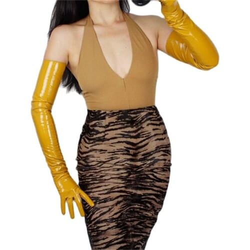 Women Extra Long Leather Gloves 70cm Long Section Elbow Simulation Leather PULong Gloves Ginger Yellow Bright Yellow 5-QPJH08