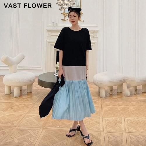 Pleated Patchwork Summer Dress For Women New Korean Style Fashion Short Sleeve Casual Loose Midi Dresses Robe Clothes 2021