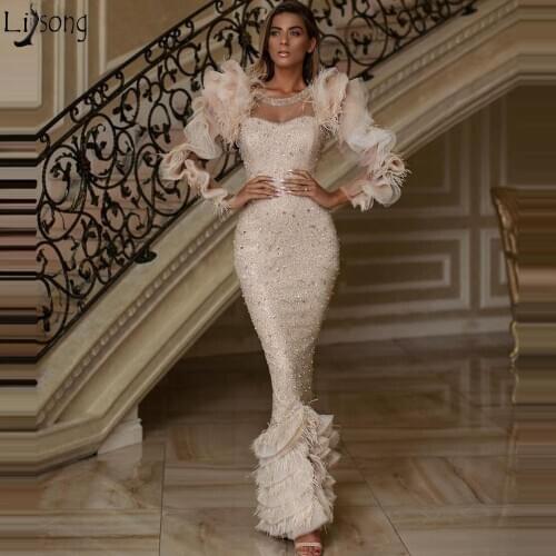 Abendkleider Feather Mermaid Evening Dresses Long Sleeve Women Party Gown Arabic Dubai Heavy Beaded Prom Dress Robe Soiree 2020