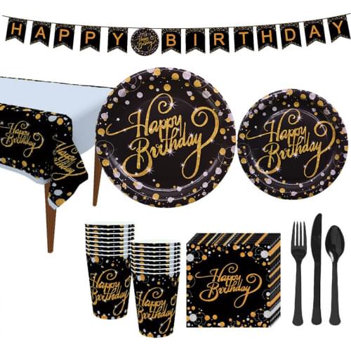 Happy Birthday Tableware Set Gold Wedding Event Party Disposable Party Tableware Kids Adult Birthday Party Decoration Supplies