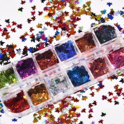1 Set 12 Grid Nail Sequins Maple Leaf Autumn 12 Color Symphony Laser Maple Leaf Nail Sequins Nails Glitter,GHHG8989-LKIO7898+65