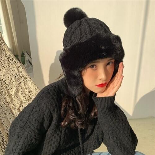 2020 Fxfurs Lady Winter Lei Feng Hat Winter Wool Hat Korean Version of a a Cute Plus Wool Ball Ear Protection Northeast Knitting