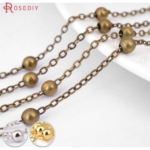21064)5 meters width 2MM with 4MM Bead Copper Flat Oval Link Necklace Chains Station Ball Chains Accessories