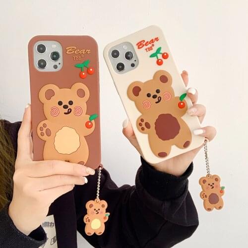 3D Cute Cartoon Cherry Bear Phone Case for iPhone 12 Mini 11 Pro XS Max SE 2020 Couple Lovers Soft Silicone Cover with Pendant