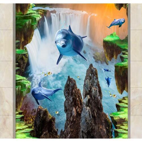 Free Shipping Custom 3d Flooring Waterfall sea Dolphin Bird Wallpaper For Walls 3 d Room Wallpaper Floor Bedroom Decoration