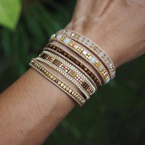 Boho Style Crystal Brass Bead Stainless Steel Box Chain 5 Wraps Bead Statement Bracelet Jewelry for Women