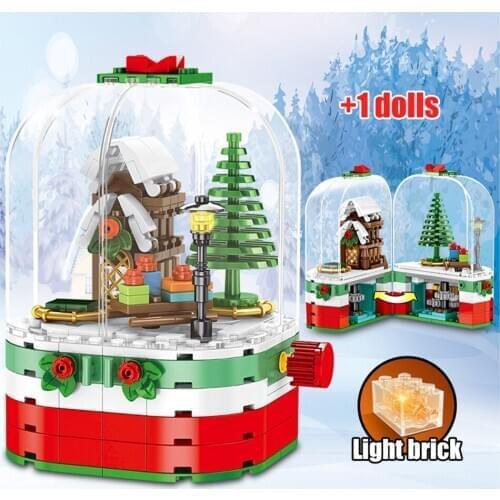 Winter Village Santa Claus Tree Rotatable Light Bricks Box DIY MOC Building Blocks Christmas Gift Toys for Children Kids