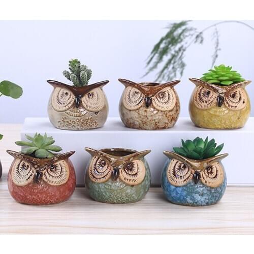 Home Decor Ornament Kiln Glaze Owl Flower Pots Animal Planter Vase Succulent Plants Ceramics Crafts Fairy Garden Decoration Gift