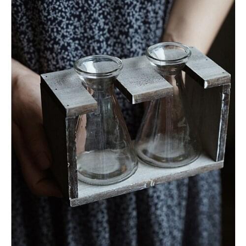 Retro Wood Glass Vase Desktop Home Decoration Planter Flower Vase Wooden Stand Holder for Hydroponics Plants Photography Props