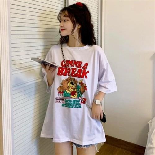 Letter Cartoon Print T-shirt Female Korean Harajuku Womens T-shirts Tops Japanese Kawaii Ladies Ulzzang Clothes For Women