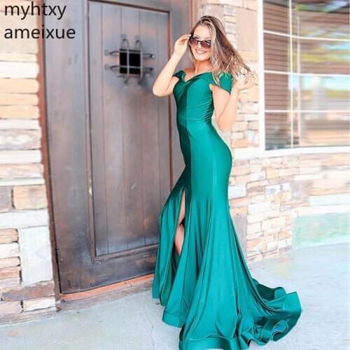 Custom Teal Greed Prom Dresses Off The Shoulder Mermaid Style Front Split Sexy Formal Party Gowns Trumpet Vestido De Formatura