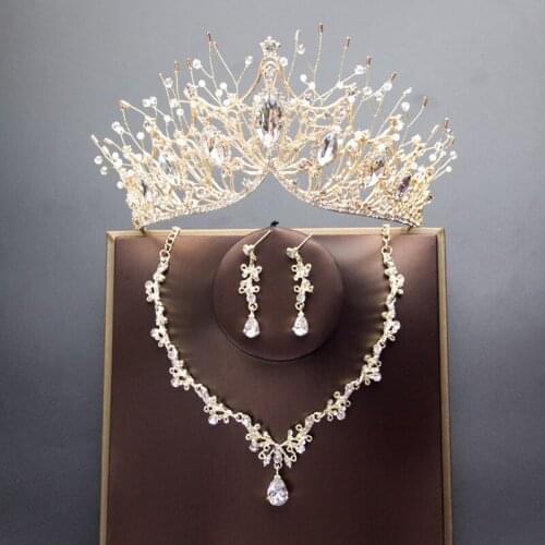 Korean Bridal Crown Air Tiara Three-piece Wedding Dress Birthday Hair Accessories Wedding Dress with Ornament Necklace Earring
