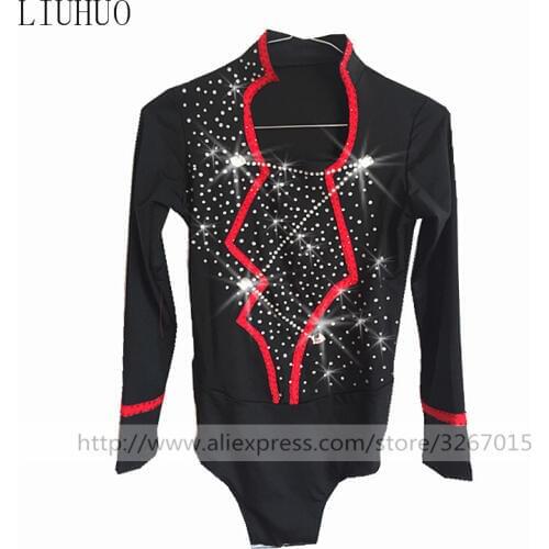 Figure Skating Top Mens Ice Skating Top Black Spandex Skating Wear Stripe Rhinestone Long Sleeves Figure skating boy clothing