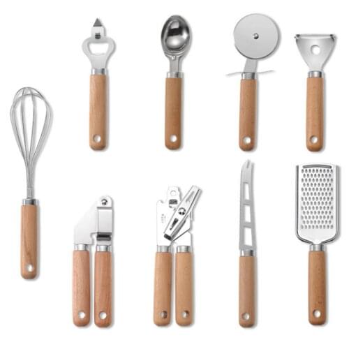 Kitchen Utensils Wooden Handle Set Wooden Handle Can Opener Baking Set Pizza Peeling Knife Stainless Steel Whisk Kitchen Gadgets