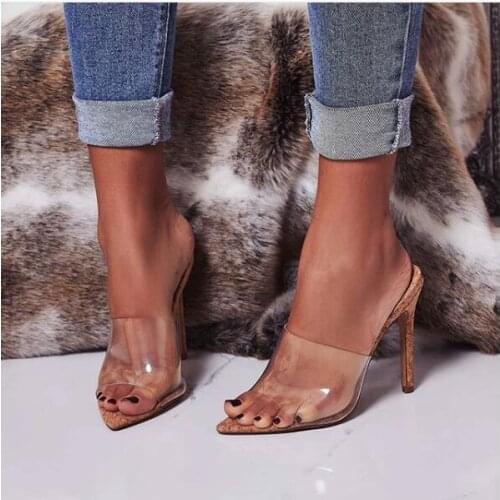Newest 2019 Clear PVC Women Mules Open Toe Gladiator Slippers Sandals Slides Shoes Wooden Heels Pointed Toe Slides Female