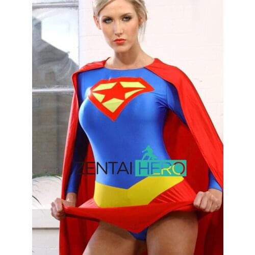 New Arrival Womens Spandex Bodysuits Sexy Blue Supergirl Lady Super Hero Zentai Catsuit Lycra Movie Costume Leotard With Cape