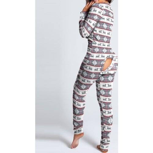 2021 New Year Christmas Xmas Functional Buttoned Flap Printed Adults Pajamas Suit One Piece Sleevewear Detachable Jumpsuits