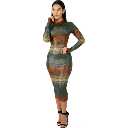 Autumn Winter Fashion Casual Stand Striped Gradient Long Sleeve Midi Dress Women Streetwear Sexy Slim Package Hip One Step Dress