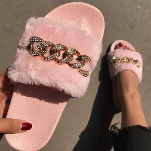 New Autumn Plush Slippers Fashion Open Toe Solid Color Womens Sandals Metal Chain Outdoor Casual Womens Shoes Plus Size