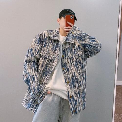 Chic Mens Mixed Color Denim Loose Casual Jacket Street Outwear Long Sleeve H88