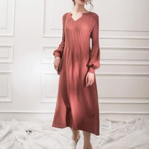 2020 autumn winter knitting dress v-neck solid color Retro french girl chic dress