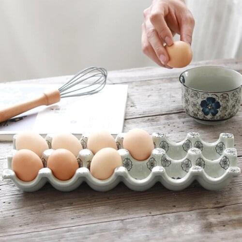 Japanese Reusable Under Glazed Color Ceramic 12 Grid Separation Egg Tray Kitchen Rectangular Egg Dish Household Storage Box