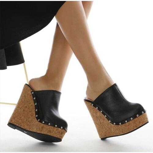Ultra High Heel Cork Wedge Mules Sexy Rivets Platform Shoes For Party Nightclub 2021 New Spring Summer Plus Size 42