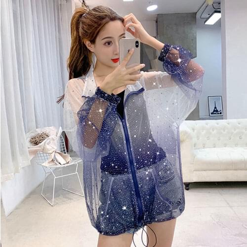 Long Sleeve Transparent Sun Protection Clothing Gradient Sequin Jacket Women Thin Breathable Female Coat Feminine Femme Y126