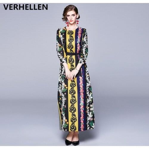 VERHELLEN Runway Maxi Dress 2019 Autumn Womens Wrist Sleeve Vintage Floral Printed Lace up Belt Holiday Bohemia Long Dress