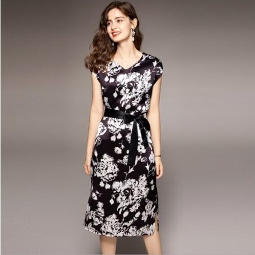 Rose Printing V-Neck Summer Female Dress Waist Elegant Classic Romantic Black Dresses White Belt A-Line Mid-Calf Fashion Skirt