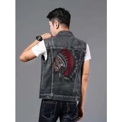Vintage Denim Vests Mens Sleeveless Cowboy Jockets Fashion Washed Embroidery Male Retro Indians Vest Man Streetwear Waistcoat