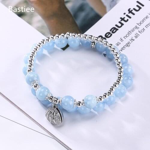 Bastiee Natural Stone Aquamari Pearl Bracelet For Women Silver 925 Jewelry Bracelets Hmong Jewelry Luxury Light Blue Beads