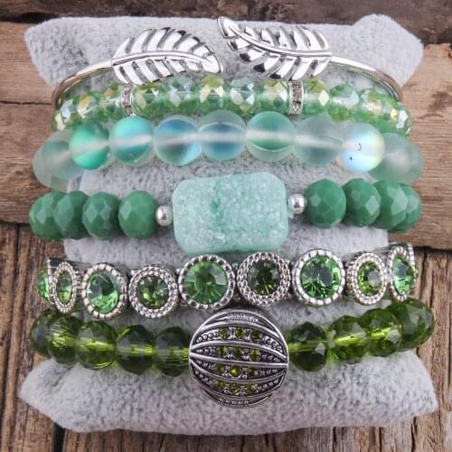 MD Fashion Boho Beaded Bracelet Jewelry Green Color 6pc Stack Bracelet & Bangle Sets For Women Gift