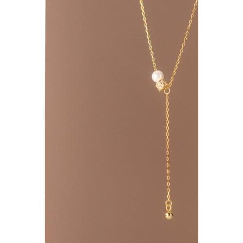 XLC25 Real 925 Sterling Silver Simple Pearl and Bead Choker Necklace Dainty Y Necklaces Fine Jewelry for Women