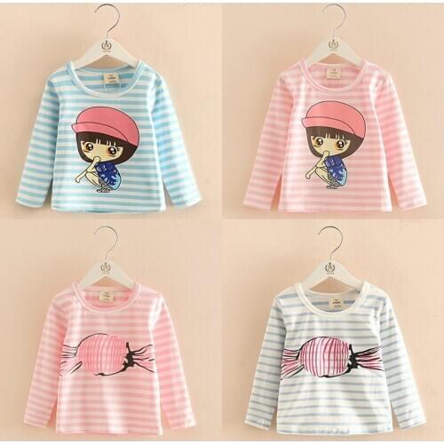 Brand Spring Autumn 2-10T Years ChildrenS Clothing Long Sleeve Kids Candy Color Cartoon Sweet Candy Girl Stripe Basic T-Shirt