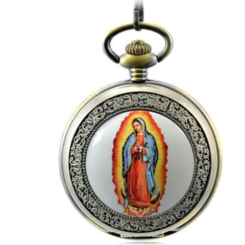 Blessed Virgin Mary Pocket & Fob Watches Antique Automatic Mechanical Hand Wind Pocket Watch Vintage Dress Clock Necklace Gift