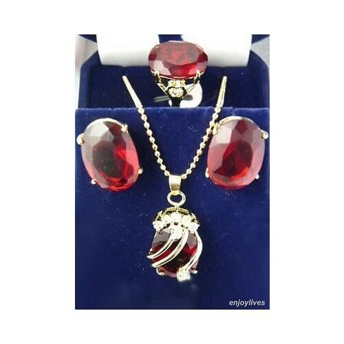 Red Cubic Zirconia Crystal Pendant Necklace Earrings Ring Set
