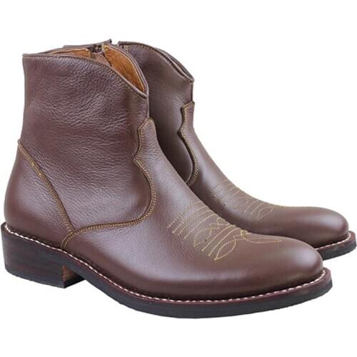 Western Cowboy Boots Men Cowhide Gneuine Leather Work Boots Shoes Brown Handmade Riding/ Knight Short Boots Men Botas Hombre,45