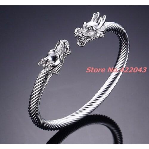 Fashion womens mens 316L stainless steel punk silver color dragons 6mm clasp twist cable wire open bracelet pulsera jewelry