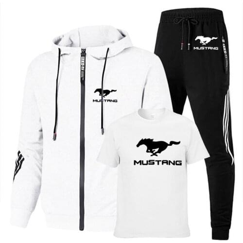 Spring Autumn Mens suits Mustang Car Logo Printed Fashion splice Sweatshirt Cotton casual Mens T-shirt+sports pants 3-piece se
